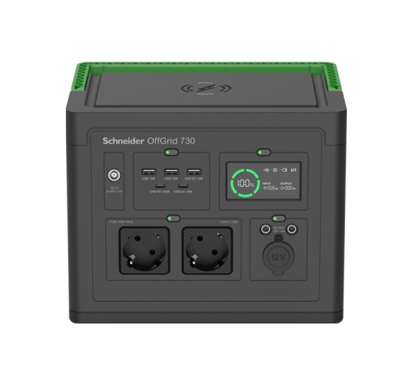 Schneider Electric OffGrid Portable Power Station 730, 738Wh Lithium-ion, LCD, 2 CEE 7/3 Schuko outlets, Sinewave, 3 USB-A, 2 USB-C, Wireless Charger | PPS730-GR