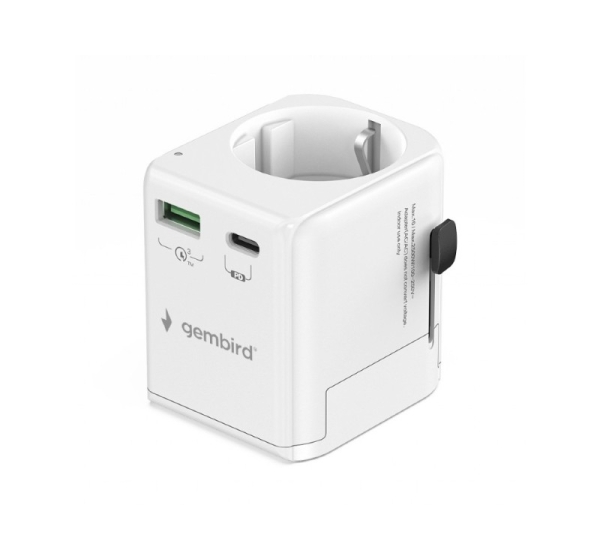 Gembird Grounded universal travel power adapter, 20 W | TPA-EU1A1C20-01-W