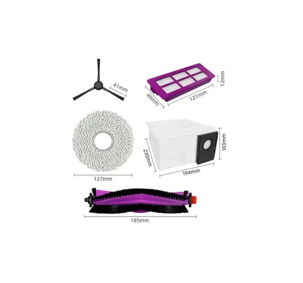 Midea V15 Spare Parts kit: 1x Side Brush, 2x Mop Pad, 1x Roller Brush, 1x Filter, 1x Dust Bag