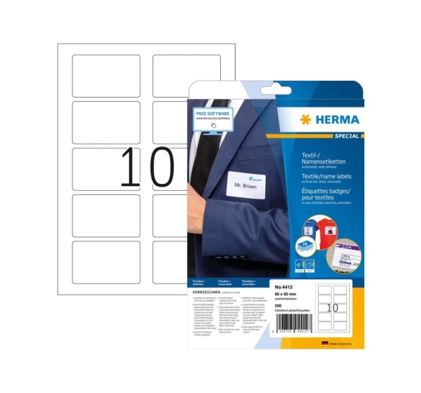 HERMA Name/textile labels A4 80x50 mm separable white removable artificial silk 250 pcs.