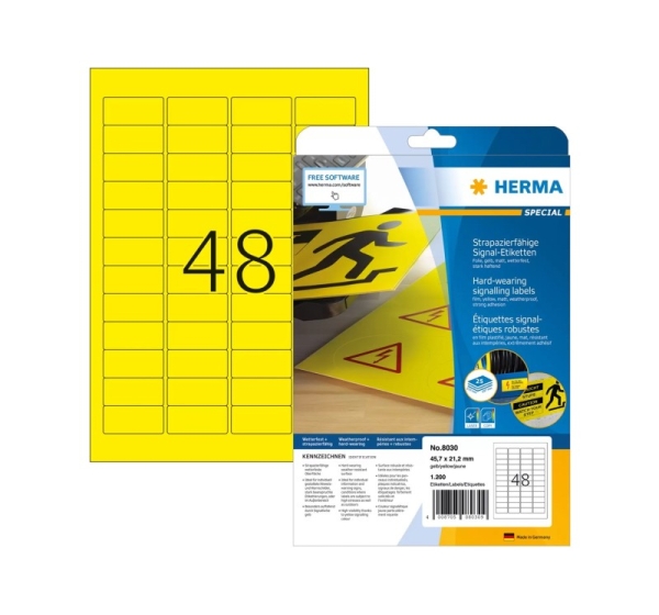 HERMA Labels signalling hard-wearing A4 45,7x21,2 mm yellow strong adhesion film matt weatherpr. 1200 pcs.