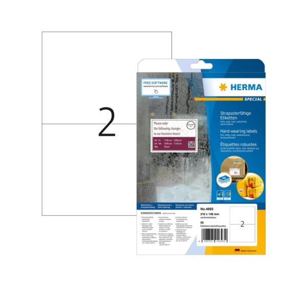 HERMA Labels hard-wearing A4 210x148 mm white strong adhesion film matt weatherproof 50 pcs.