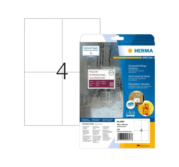 HERMA Etik. strapazierf. A4 weiĂź 105x148 mm Folie 100 St.