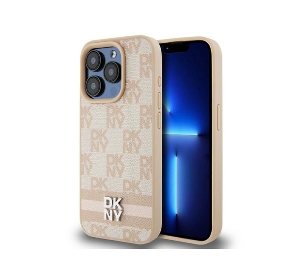 DKNY   DKNY Leather Checkered Mono Pattern &amp; Printed Stripes case for iPhone 15 Pro Max - pink