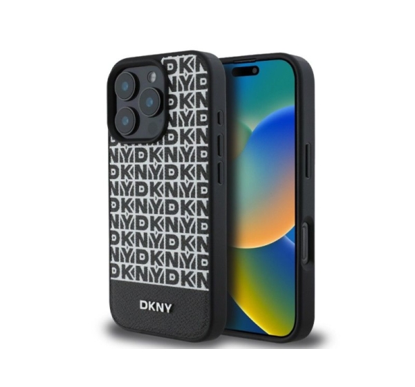 DKNY Apple iPhone 16 Pro PU Leather Repeat Pattern Bottom Stripe MagSafe Case Black