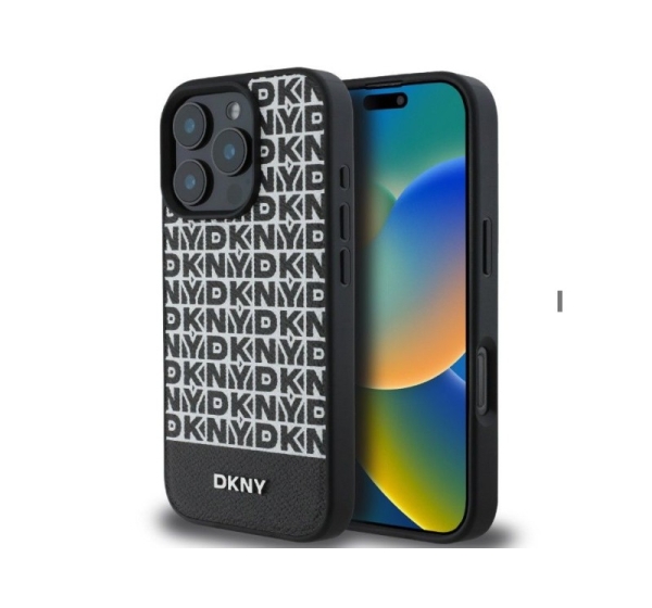 DKNY Apple iPhone 16 Pro Max PU Leather Repeat Pattern Bottom Stripe MagSafe Case Black