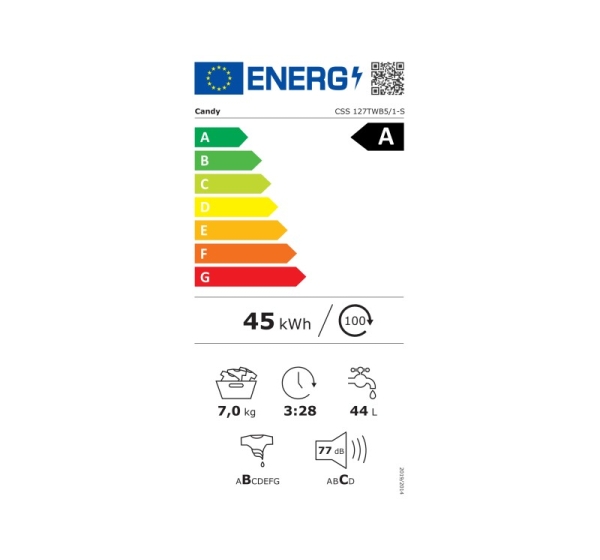 Candy | Washing Machine | CSS 127TWB5/1-S | Energy efficiency class A | Front loading | Washing capacity 7 kg | 1200 RPM | Depth 54 cm | Width 60 cm | Display | 2-digit | Steam function | White