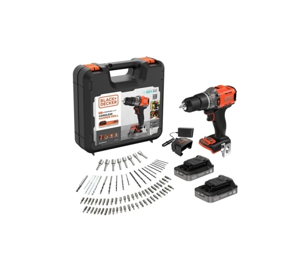 BLACK & DECKER | 18V Impact Drill (with 2 x 18V 2.0Ah batteries with charge status indicator, 1A charger and 80 accessories) | BCD383D2XKA-QW | 2.0 Ah