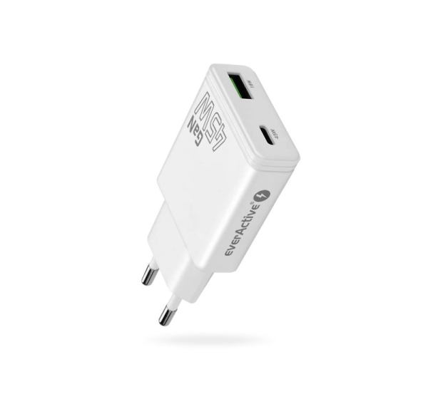Charger GaN 1x USB-C, 1x USB Quick Charge 3.0 45W PD white