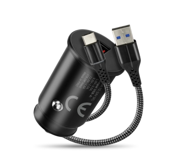 Car charger 1 X USB QC3.0 18W black + cable USB-C 1m
