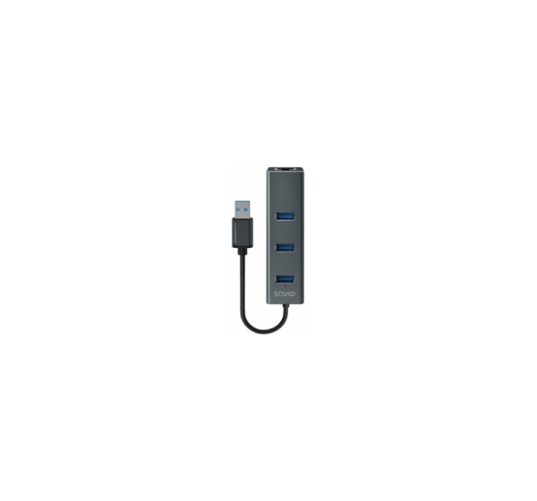 USB Centrmezgls Savio 3-port USB-A 3.1 Gen 1 Hub with RJ-45 Gigabit Ethernet