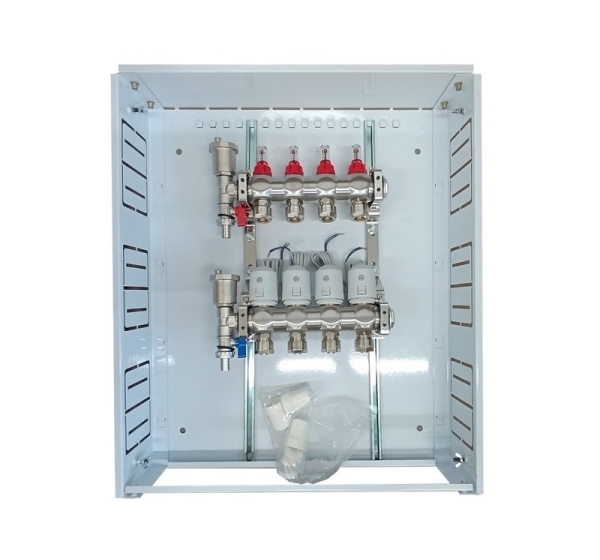 Heating Manifold 4 Loops with Thermal Actuators NC AC230V and Flow Meters