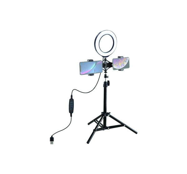 LED Ring Lamp 16cm With Desktop Tripod Mount Up to 70cm And Dual Phone Bracket, USB