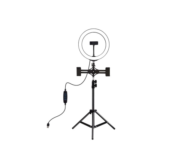 LED Ring Lamp 26cm With Desktop Tripod Mount Up to 1.1m and 3 Phone Clamps, USB