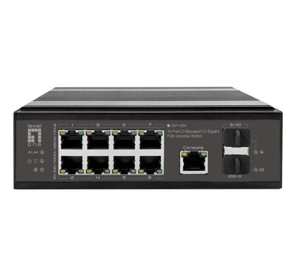 LevelOne IGP-1091 10-Port L3 Managed 2.5 Gigabit PoE Industrial Switch, 2 x 1G/10G SFP+ Uplinks, 8-Port PoE Outputs, Power Budget 480W, 802.3af/at/bt PoE, DIN-Rail, -40°C to 75°C