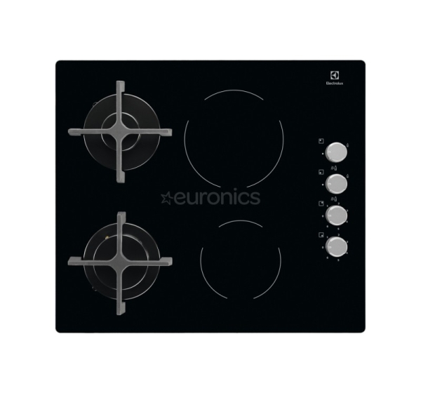 Electrolux, platums 58 cm, melna - Kombinētā plīts virsma, gāze/keramika
