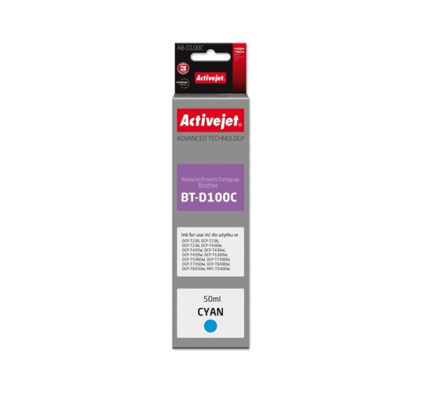 Activejet AB-D100C Ink cartridge for Brother printers, replacement for Brother BT-D100C; Supreme; 50 ml; cyan