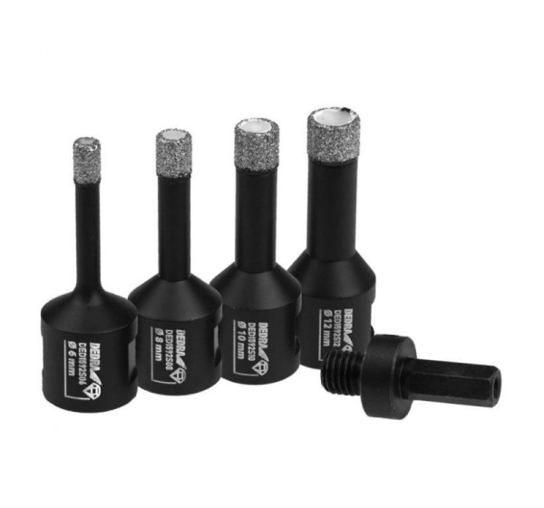 Set of diamond hole saws 6, 8, 10, 12mm + adapter
