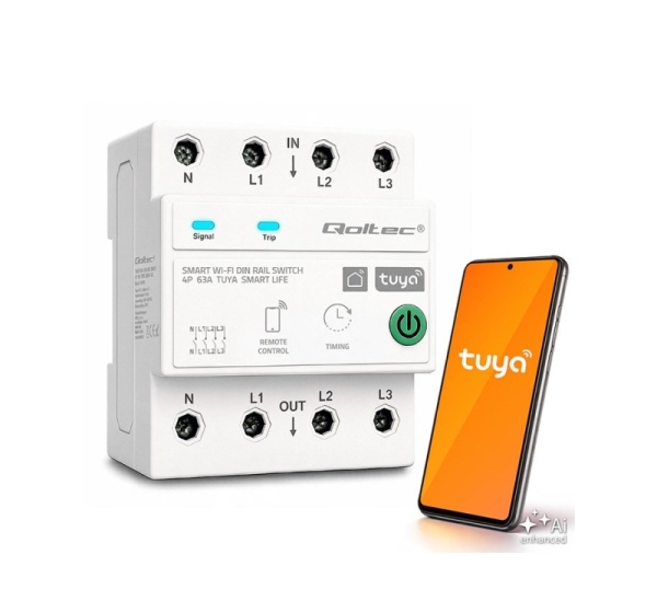 Qoltec Trójfazowy przekaźnik 63A na szynę DIN 3P+N Timer Wi-Fi