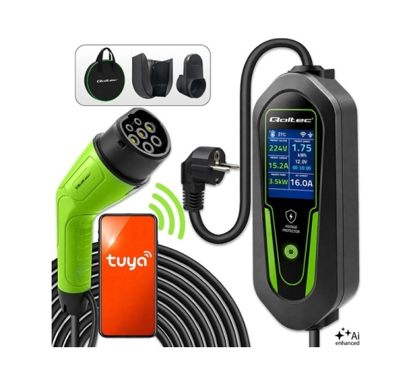 Qoltec Ładowarka do samochodu elektrycznego EV i hybryd z regulacją 2w1 Typ2 3.5kW 230V SCHUKO 16A