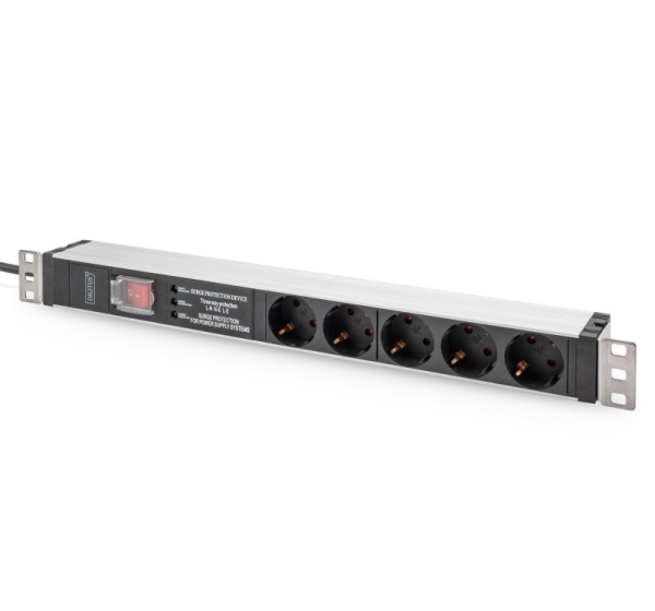 Digitus Socket strip with aluminum profile and switch, surge protection, integrated line filter, 5-way safety sockets, 2 m cable safety plug