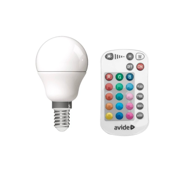 LED Daudzkrāsaina spuldze ar pulti E14, G45, 4.9W, 470lm, 3000K+RGB