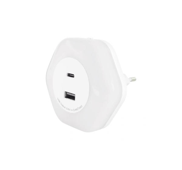 LED Naktslampiņa kontaktligzdai ar USB Type-A un Type-C ligzdām, 0.3W, 4000K, 30Lm, OZIL