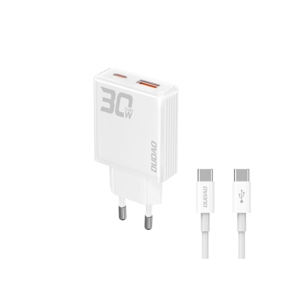 Dudao   GaN Dudao A30EUT 30W USB-A / USB-C Wall Charger + USB-C - USB-C Cable - White White