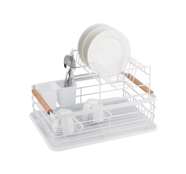 Two-Tier Dish Drying Rack, Steel-Plastic-Wood, White - KINGHoff KH 1798