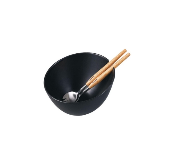 Ceramic salad bowl, black, with a set of steel spoons with wooden handles, Klausberg, KB 7786