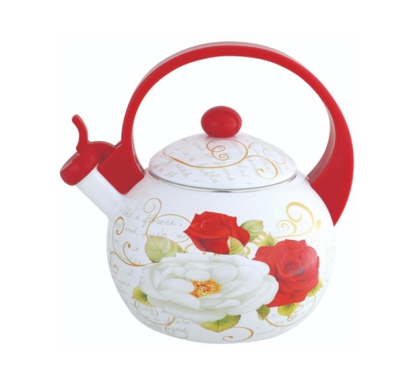 Kettle with whistle, enameled steel, red and white rose pattern, 2 l, KINGHoff, KH 1910