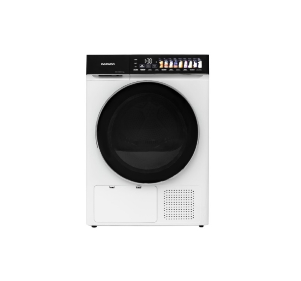 Daewoo DDR HS9E dryer, 9 kg, heat pump, touch buttons, black control panel with large colored icons