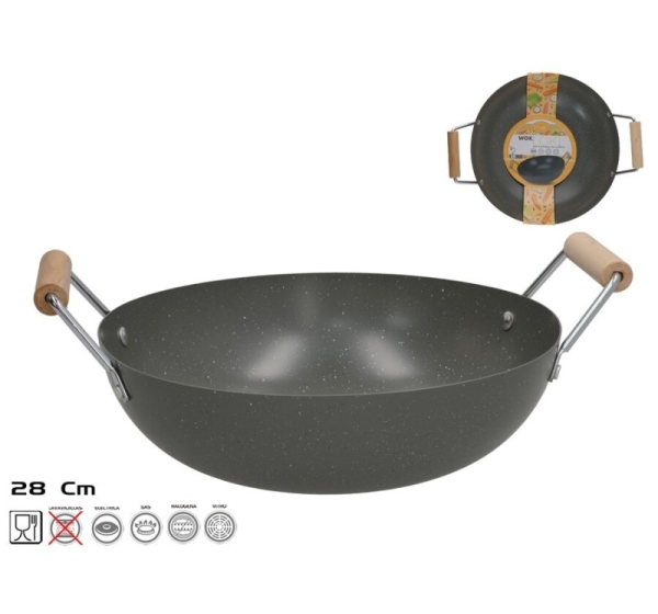 Wok pan with 2 Wooden Handles 28 cm, 8,5 x 35 x 28 cm, KITCHEN&GO