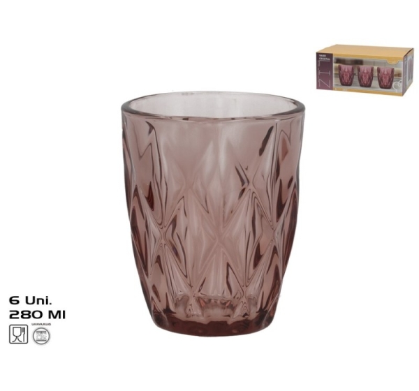 Glass Cups X6, 280 ml, Pink, 10 x 8 x 8 cm, KITCHEN&GO