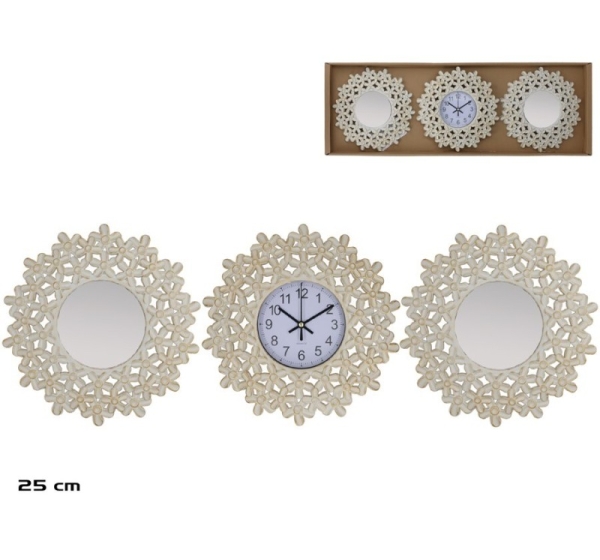 Clock Set with 2 Mirrors, Flower, 25 x 25 x 3 cm, DECORLIFE