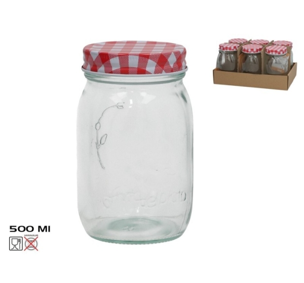 Glass Jar With Gingham Lid 500 ml Red, 7.5x7.5x13 cm, KITCHEN&GO