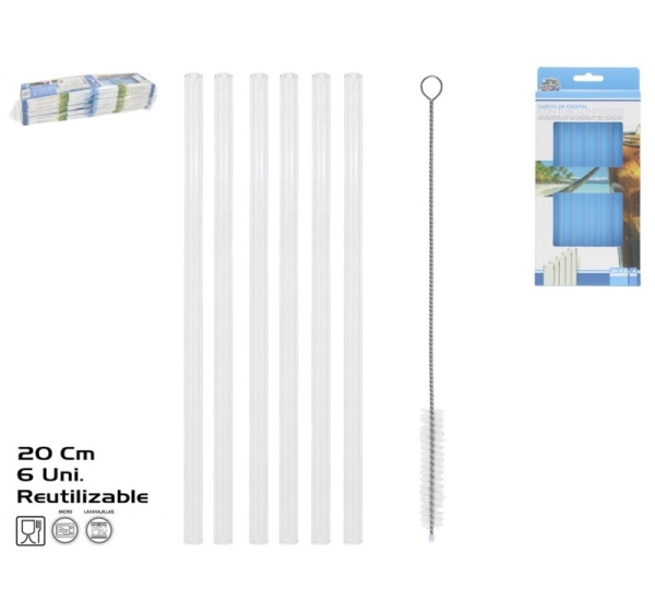 Glass straw pack x6 + cleaning brush, 20x0.8 cm, SUMMER ENJOY