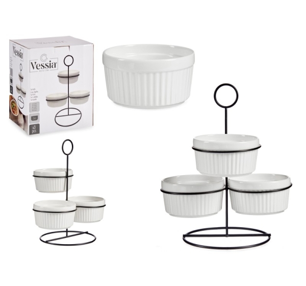 Set of 3 round white bowls with stand, 250 ml, 90422, Vessia