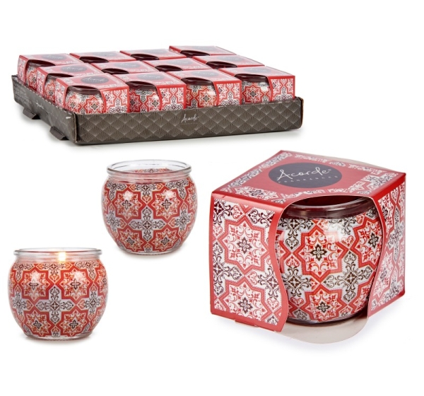Pomegranate candle in glass container, 6.3×7.5×7.5 cm, 21161, Acorde