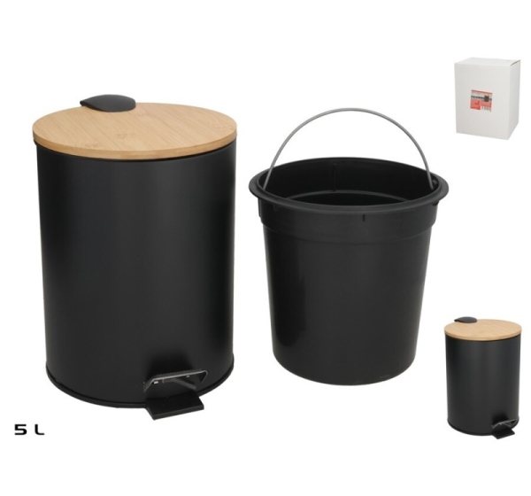 Dustin 5L Black Bamboo Trash Can With Lid, 24.00 x 20.50 x 27.00
