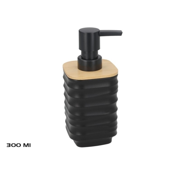 Soap Dispenser, Black with Bamboo, 300 ml, 7.00 x 8.00 x 15.50, BATH&GO