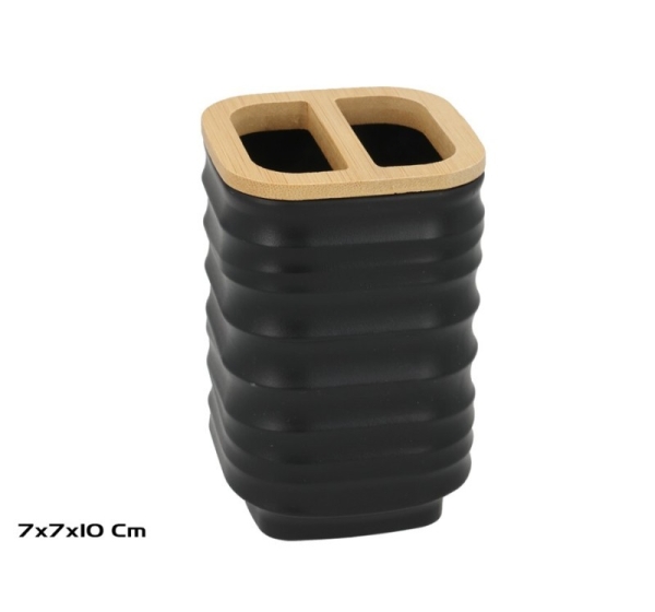 Toothbrush Holder, Black with Bamboo, 7.00 x 7.00 x 10.00, BATH&GO