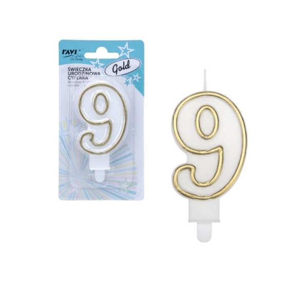 Birthday candle, Number 9, Gold, 7.5 x 1.5 x 14, 62072, RAVI Decor