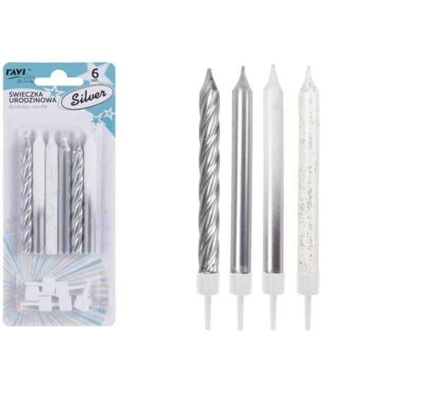 Silver birthday candles, 6 pcs., 7 x 17 x 1, 62074, RAVI Decor
