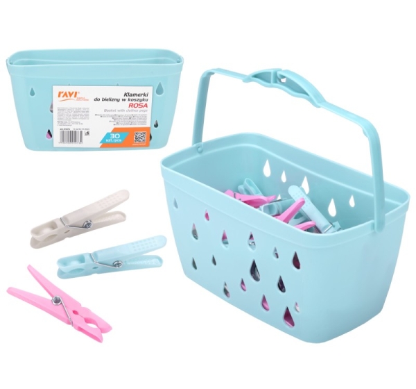 ROSA clothes pegs in basket, 30 pcs, 23 × 13.5 × 11.5 cm, 01073, SIMPLE SOLUTION