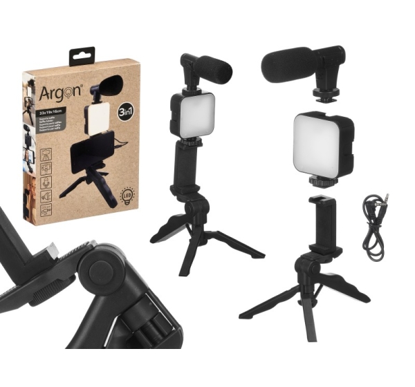 LED video lighting set with microphone and stand, 3 in 1, 26.5 × 18 × 18 cm, 12668, ARGON
