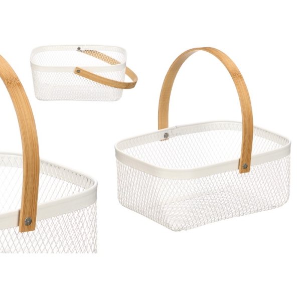 Rectangular Basket with Bamboo Handle, White, 10.7 × 26.5 × 19 cm, 13777, KINVARA
