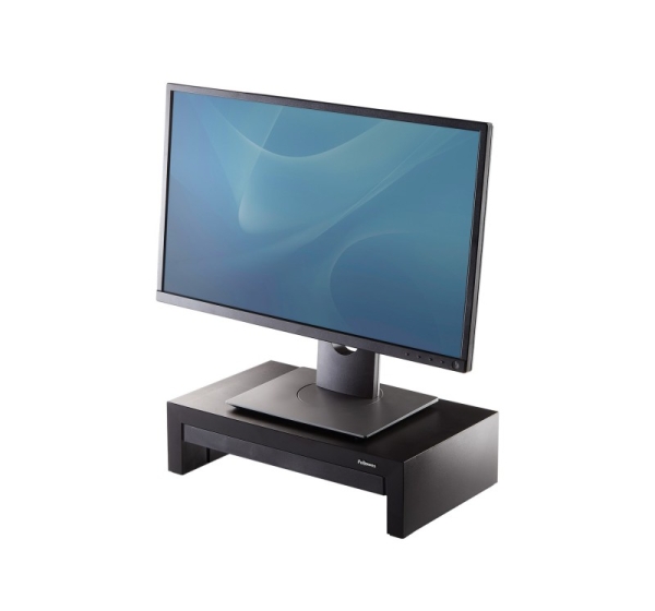 Fellowes Computer Monitor Stand with 3 Height Adjustments - Designer Suites Monitor Riser with Storage Tray - Ergonomic Adjustable Monitor Stand for Computers - Max Weight 18KG/Max Size 21" - Black/Pearl