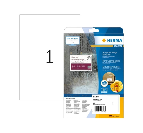 HERMA Labels hard-wearing A4 210x297 mm white strong adhesion film matt weatherproof 25 pcs.