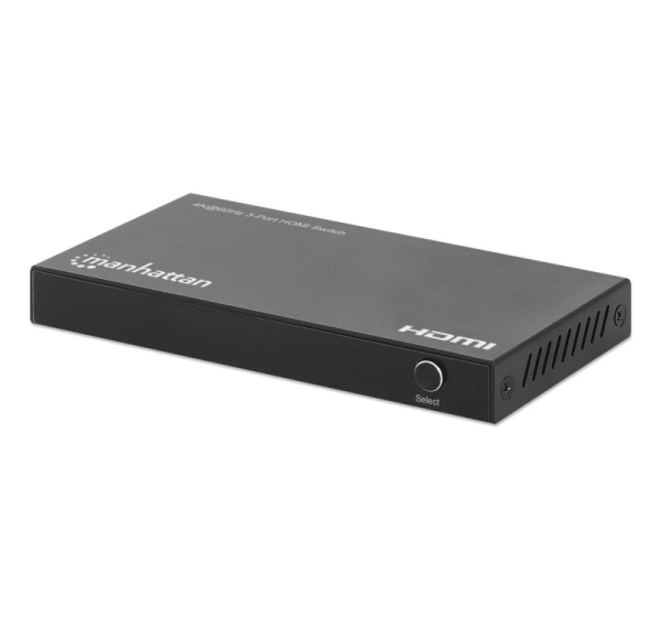 Manhattan 4K@60Hz 3-Port HDMI Switch, Switches Between Three HDMI Inputs on One HDMI Output (3x1), 18G, Automatic and Manual Switching, IR Remote Control, Black